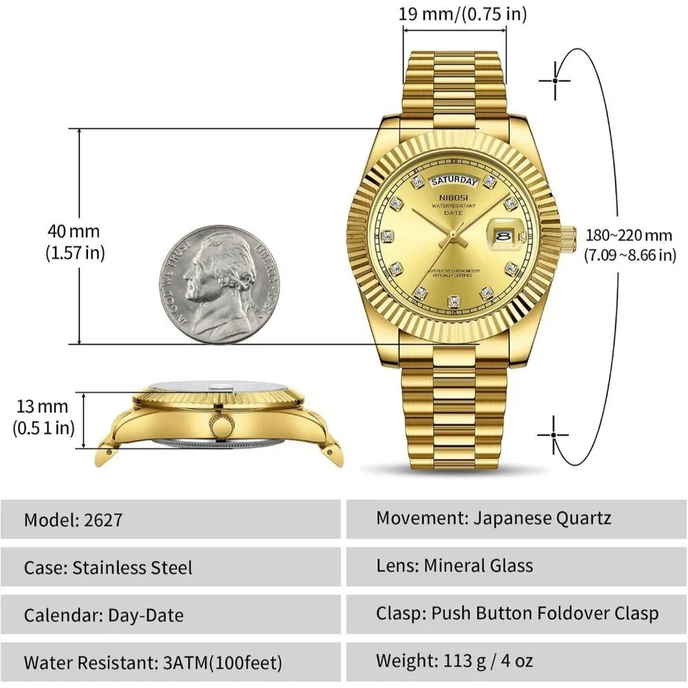 Men's Gold Stainless Steel Analog Classic Design Stylish Wrist Dress Watch